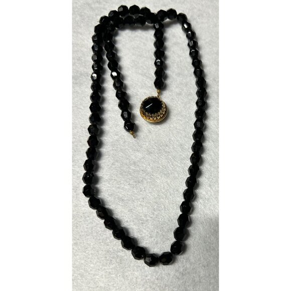 Vintage Black Faceted Glass Bead Necklace with Gold Tone Clasp Deco 26" Long mis - Picture 1 of 8